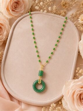Green Beaded Gold Pendant Necklace - Women Jewelry